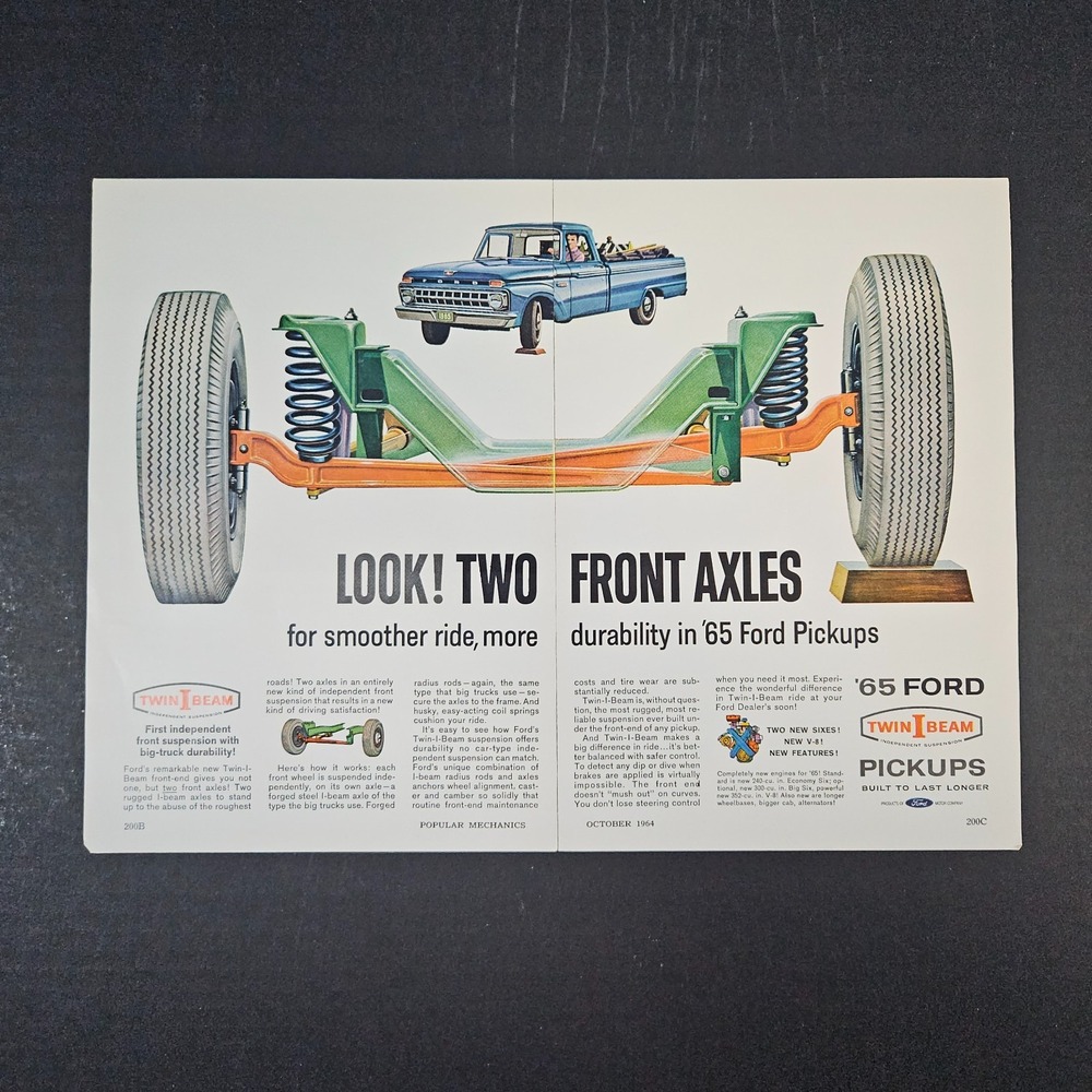 1964 '65 Ford Pickups Twin I Beam Axles Vintage Print Ad Independent Suspension